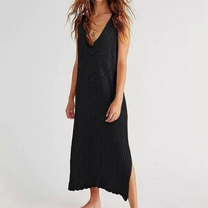 Anna & Ava Black Crochet Knit Midi Dress Boho Sleeveless V-Neck Beach Sz L / XL